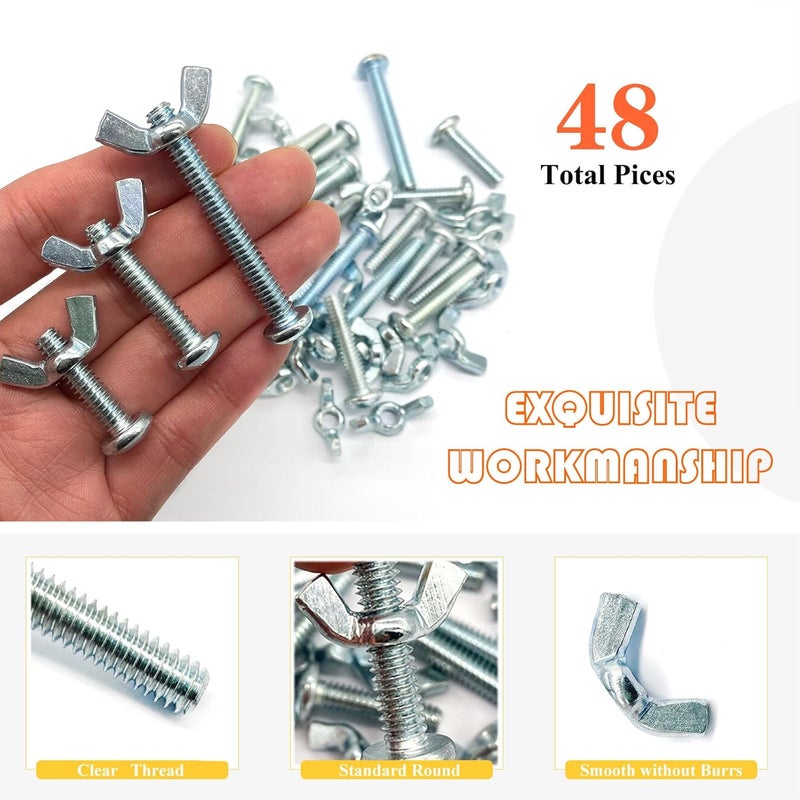 Matrelt 48Pack 1/4"-20 1-2Inch 3 Sizes Screw Bolts and Wing Nut Kit 24pcs Machine Screws with Round Head Phillips 24pcs Butterfly Hand Twist Tighten Nut Zinc Plated Hardware Fitting Fastenings Kit - Image 4